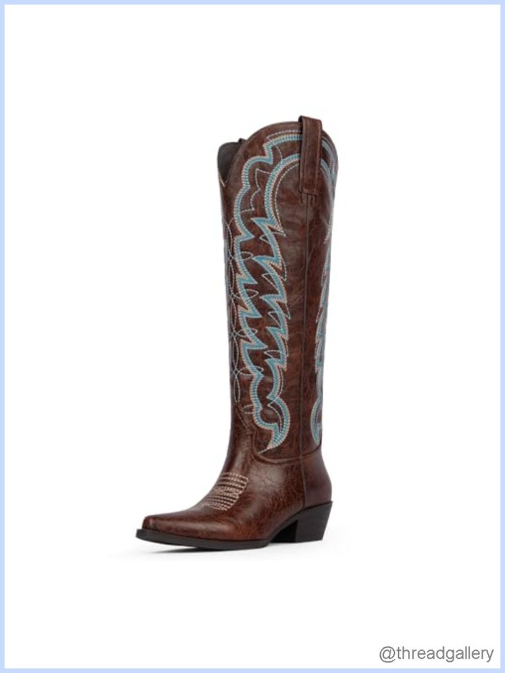 Knee High Western Cowboy Boots Chunky Heel Pointed Toe Wide Calf Embroidered